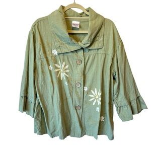 Laurie B jacket 1X Art to wear Green Daisy 100% Cotton Lightweight USA womens
